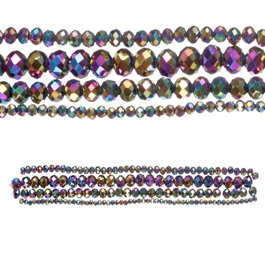 Black Aurora Borealis Faceted Glass Rondelle Bead Strings by Bead Landing™